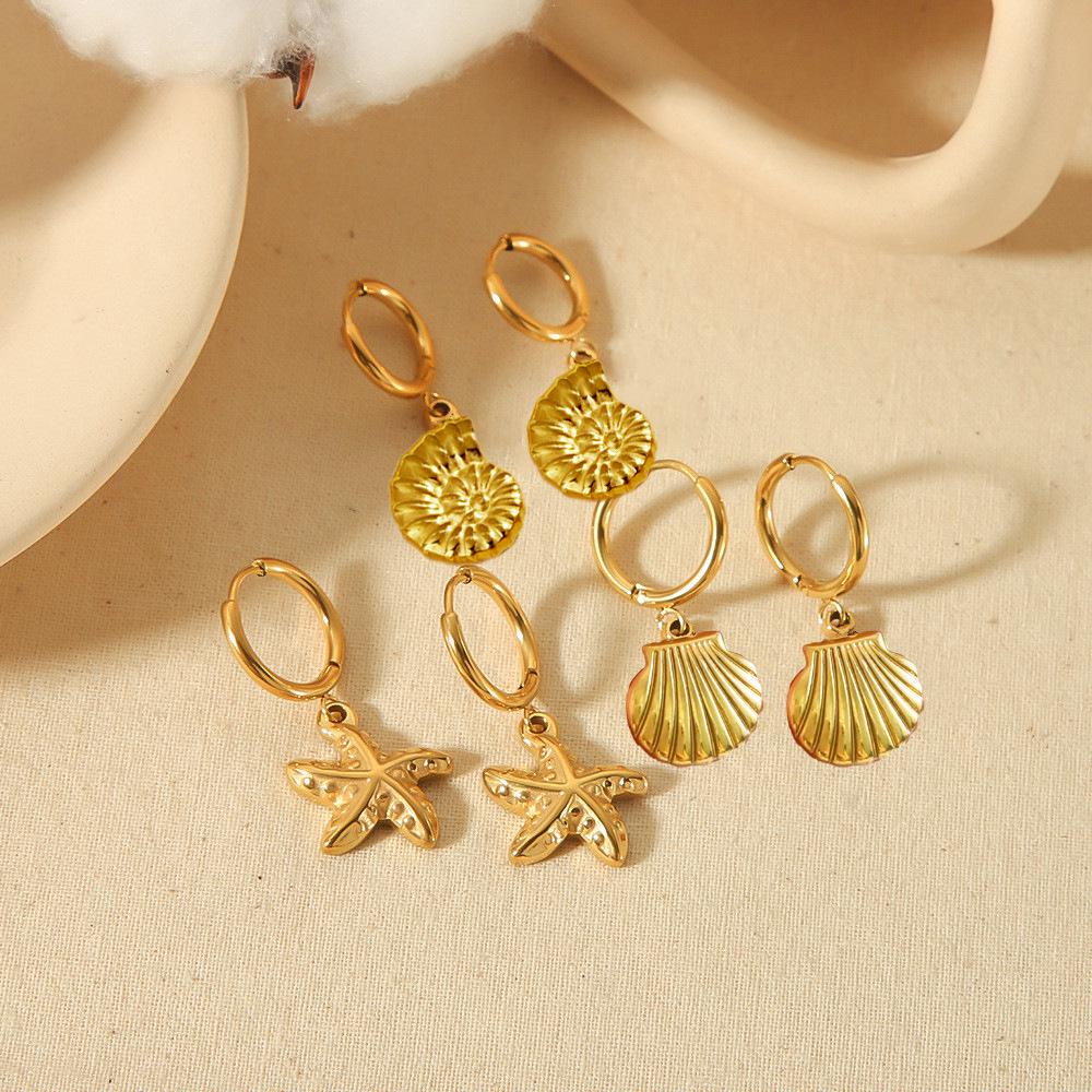 18K Marine Life Starfish & Seashell Titanium Steel Earrings for Women - Color-preserving, Fade-resistant Vacation Jewelry