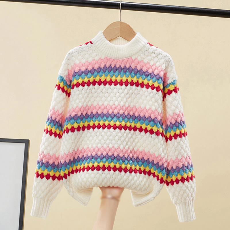 

Детский вязаный свитер, пуловер в радужную полоску 140