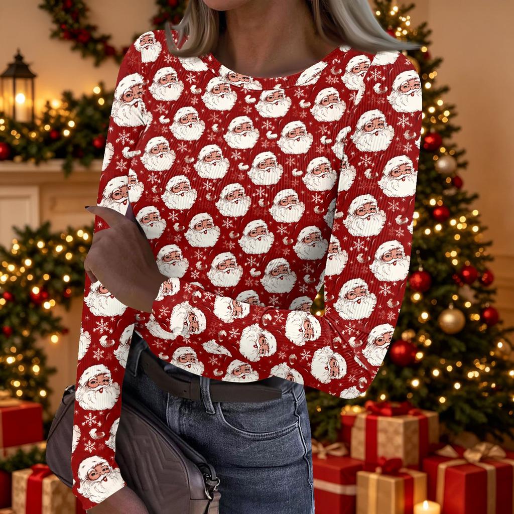 Women's Casual Christmas Print Long Sleeve Top for Holiday Party and Everyday Wear