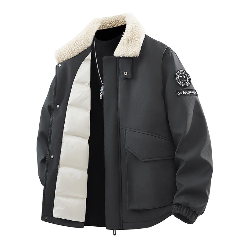 

Winter Men s Lambhair Lapel Down Jacket, Thickened Warm and Cold Proof Jacket, 50% Grey Duck Down Winter Coat M