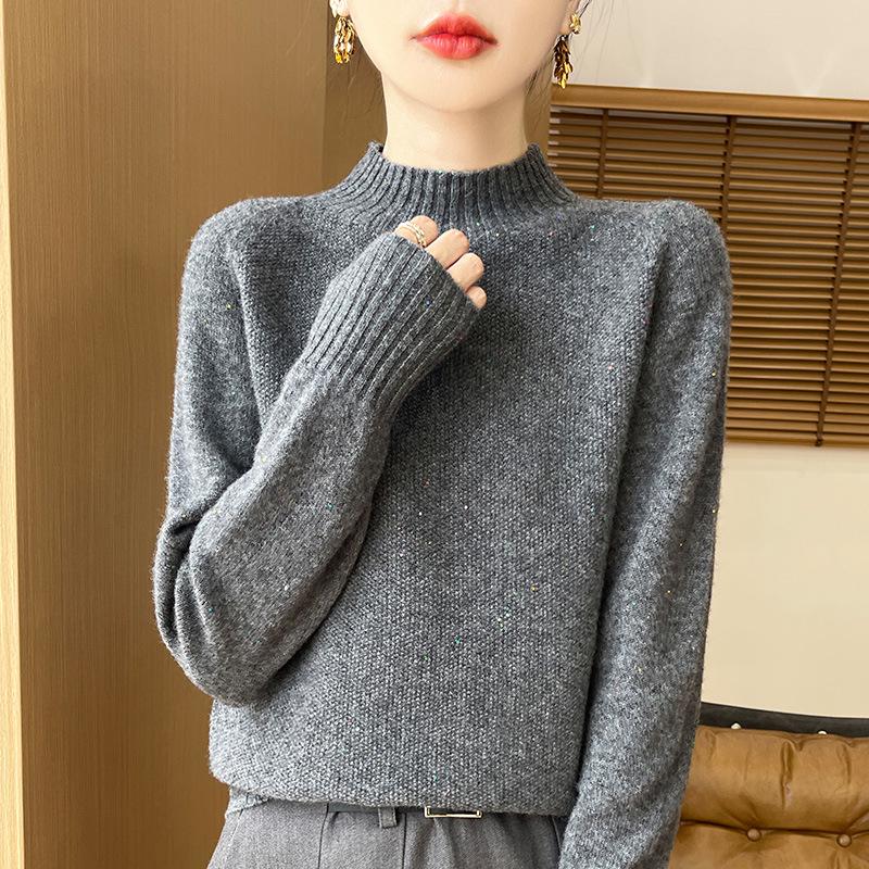 2024 Autumn/Winter High Neck Beaded Wool Sweater - Long Sleeve, Loose Fit