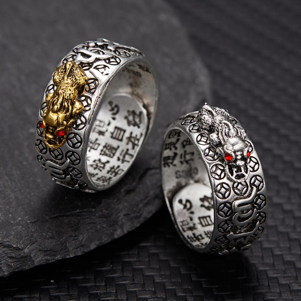 S/Set Chinese Feng Shui Brass Pixiu Rings For Men Amulet Vintage Copper Coin Adjustable Unisex Ring Bring Wealth Luck Jewelry