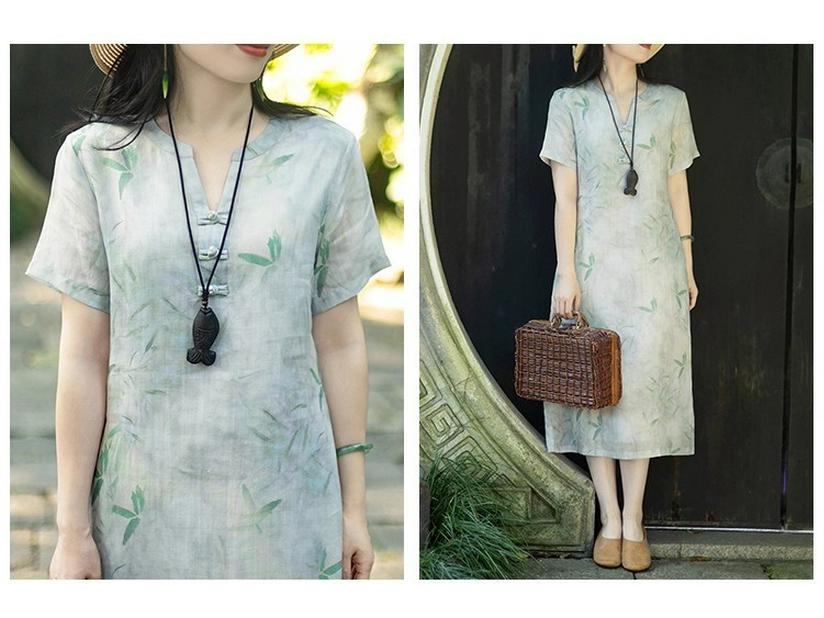 V-neck A-line Dress with Literary Bamboo Leaf Print and Frog Buttons