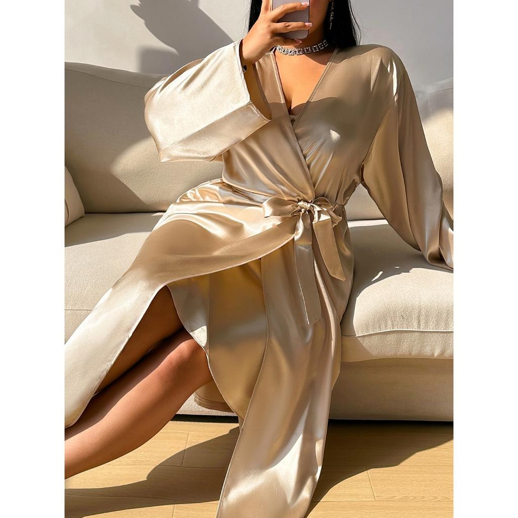 Thin and Elegant, Simple and Casual Mid-length Lace-up Bathrobe for Women, Spring and Summer Ice Silk Pajamas