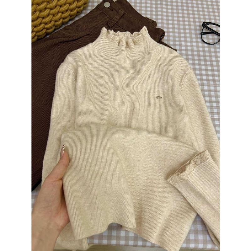 A sense of atmosphere, stacked inside, wearing a knitted top, women's autumn and winter crochet fungus edge semi-turtleneck sweater, bottoming shirt