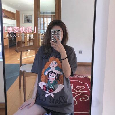 Vintage Girl Spring and Summer Cartoon Print Loose Temperament Commuter Short-sleeved T-shirt Schoolgirl Ins Top Tide