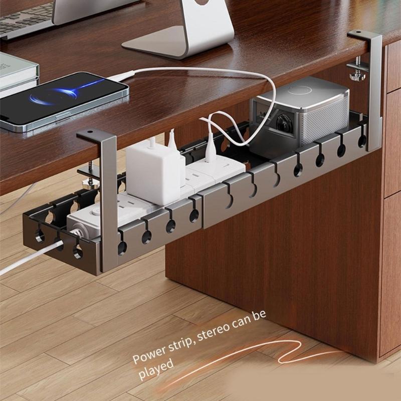 Under-Desk Cable Management Tray in Carbon Steel with Two Edge Clamps and Open Access, Extendable Power Strips Cord Holder for Stored Power