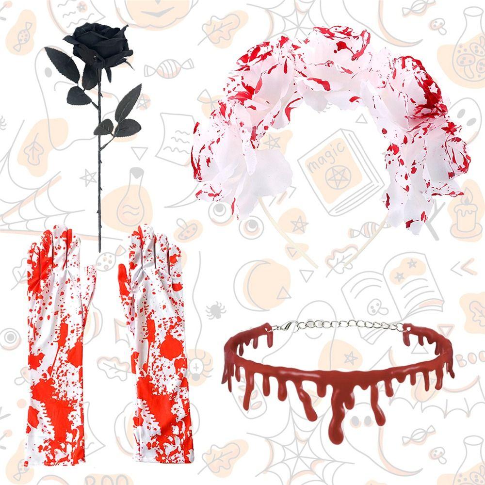 4-Piece Set Halloween Party Costume Rose Flower Headband Novelty Horror Necklace Gloves  for Women