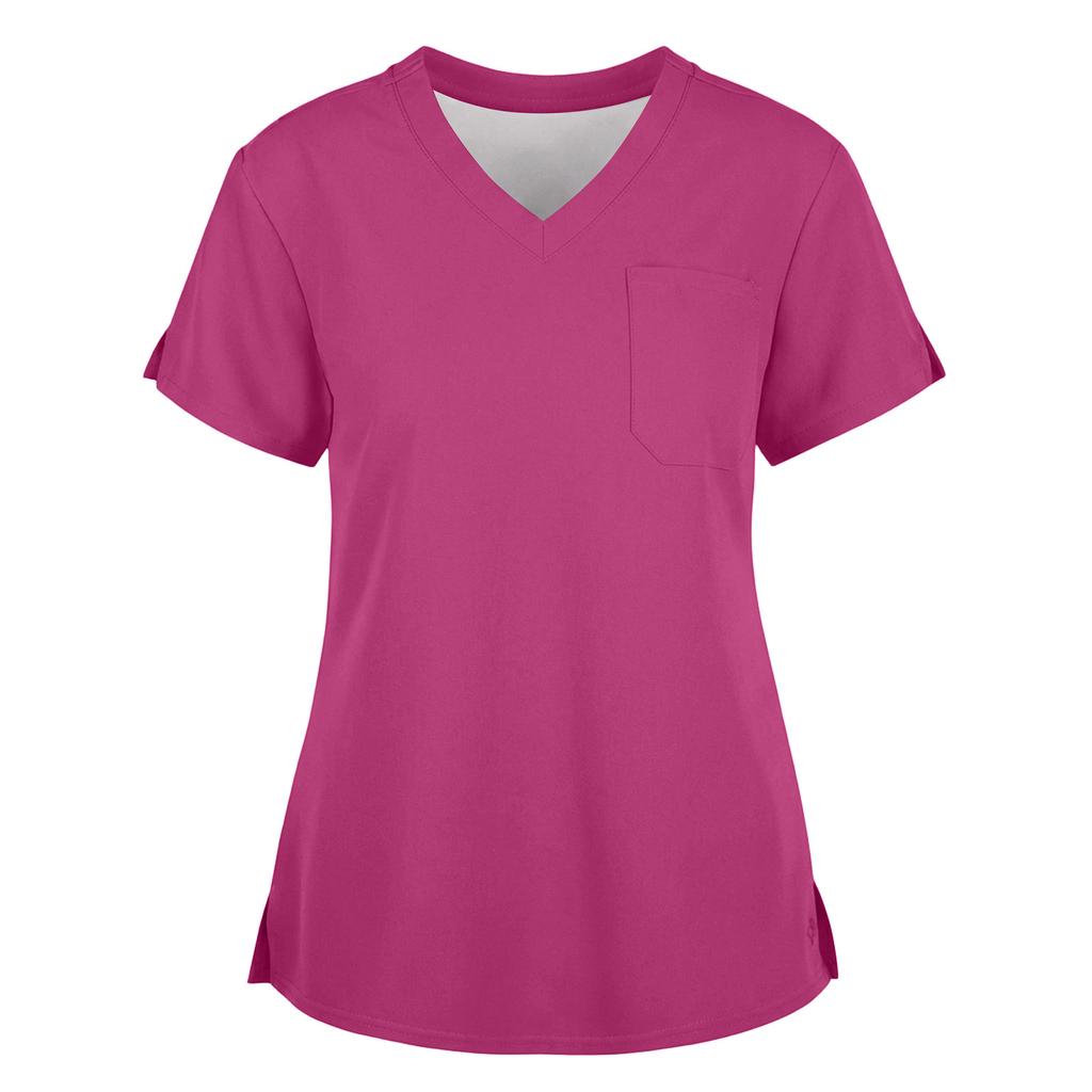 Women's Fashionable Loose-Fit Short-Sleeve V-Neck Workwear Blouse With Slit And Pockets