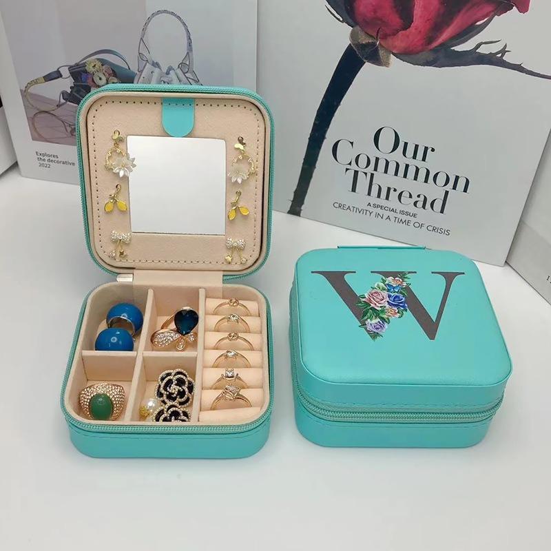 PU Leather Jewelry Box Mirror Storage Box 26 Letter Printed Portable Jewelry Organizer Earring Ring Necklace Case