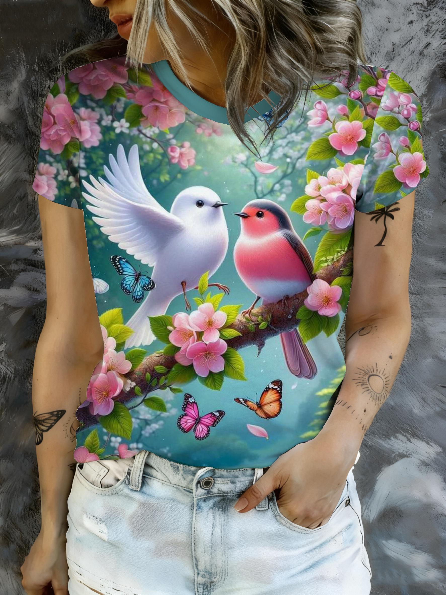 

New SpringSummer Playful Style Floral Bird Butterfly - Cherry Blossom Scenery Print T-Shirt. a Must-Have Eye-Catching Top for Women 3XL дубильна кора