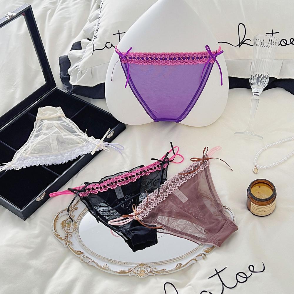Sexy Damen-Slips Tanga mit Schleife Spitze Jacquard Netz Dünn Transparent Belüftet Niedrige Taille Unterwäsche Der Stoff Ist Bequem Und Weich