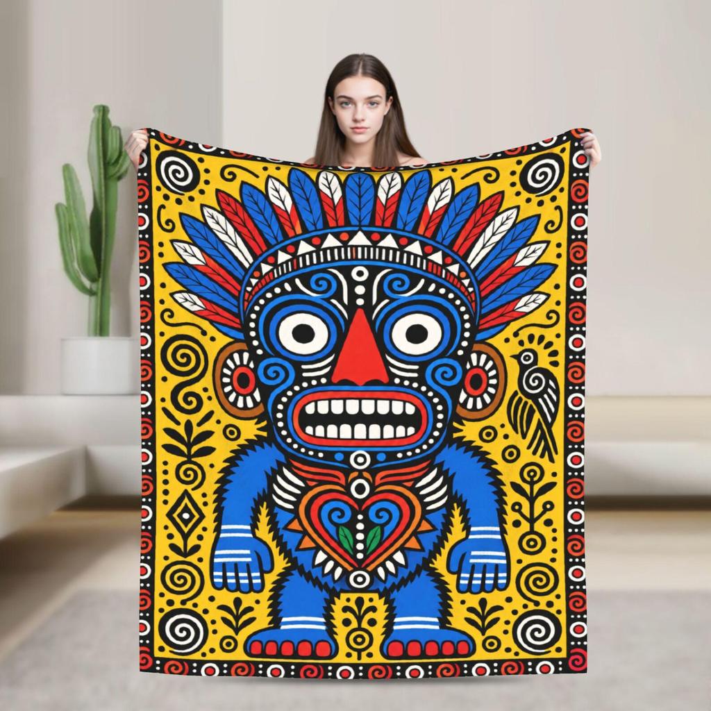Tribal Mask Blanket Tiki Totem Throw Folk Art Flannel Home Decor