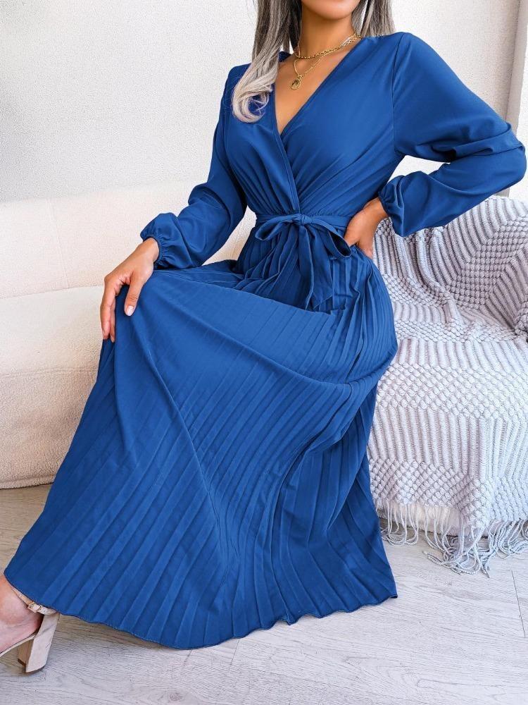 Elegantes Maxikleid mit V-Ausschnitt und langen Ärmeln, plissiert, für Damen
