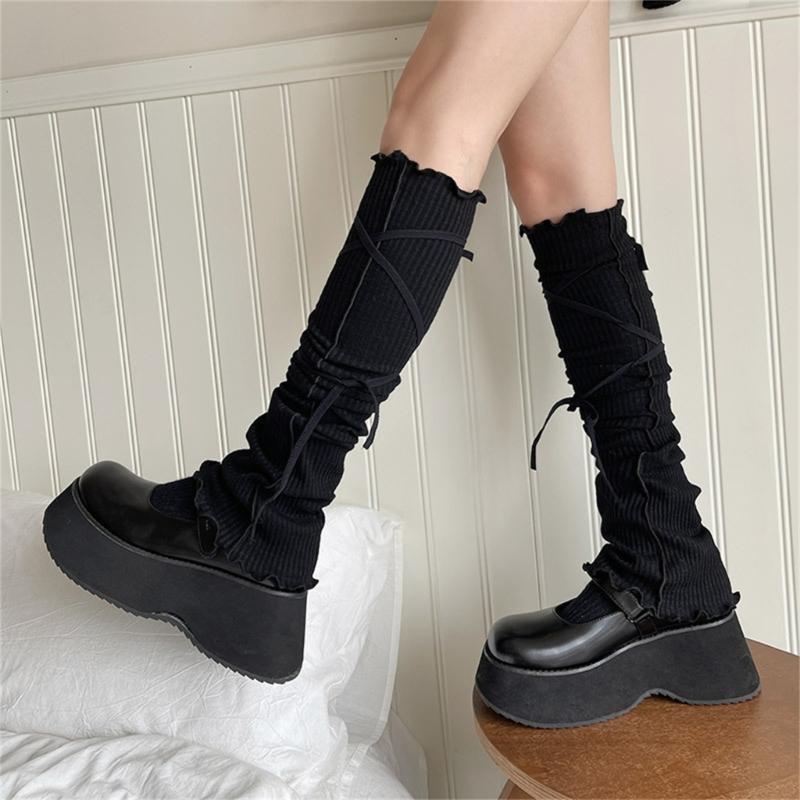 Japanese Ribbed Thigh High Leg Warmers Lace Up Bandages Over Knee Flared Leg Covers Ruffle Trim Footless Socks for Women