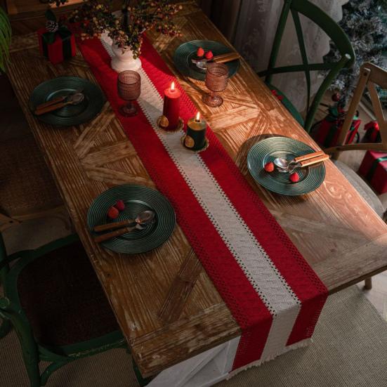 Table Runner for Family Gatherings Boho Striped Runner, Fringed Edge Cotton Linen Rustic Textured Hollow Entryway Farmhouse Dining Table, Home Holiday