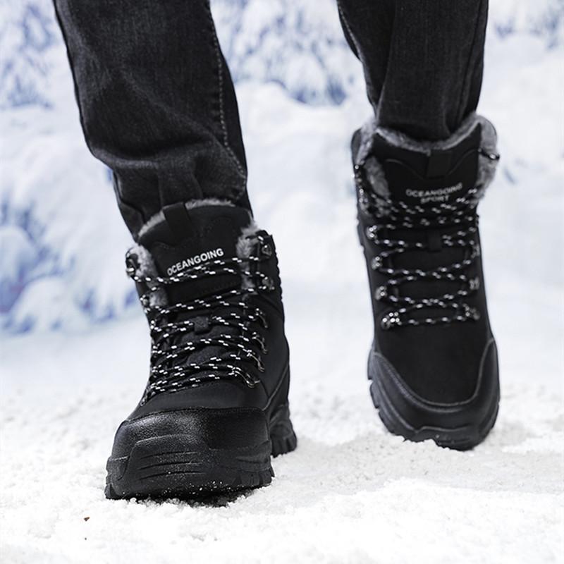 Fashion Winter Men Boots Plush Warm Snow Boots Leather Waterproof Sneakers Climbing Hunting Shoes Lace-up Outdoor Warm Hiking Boots Men