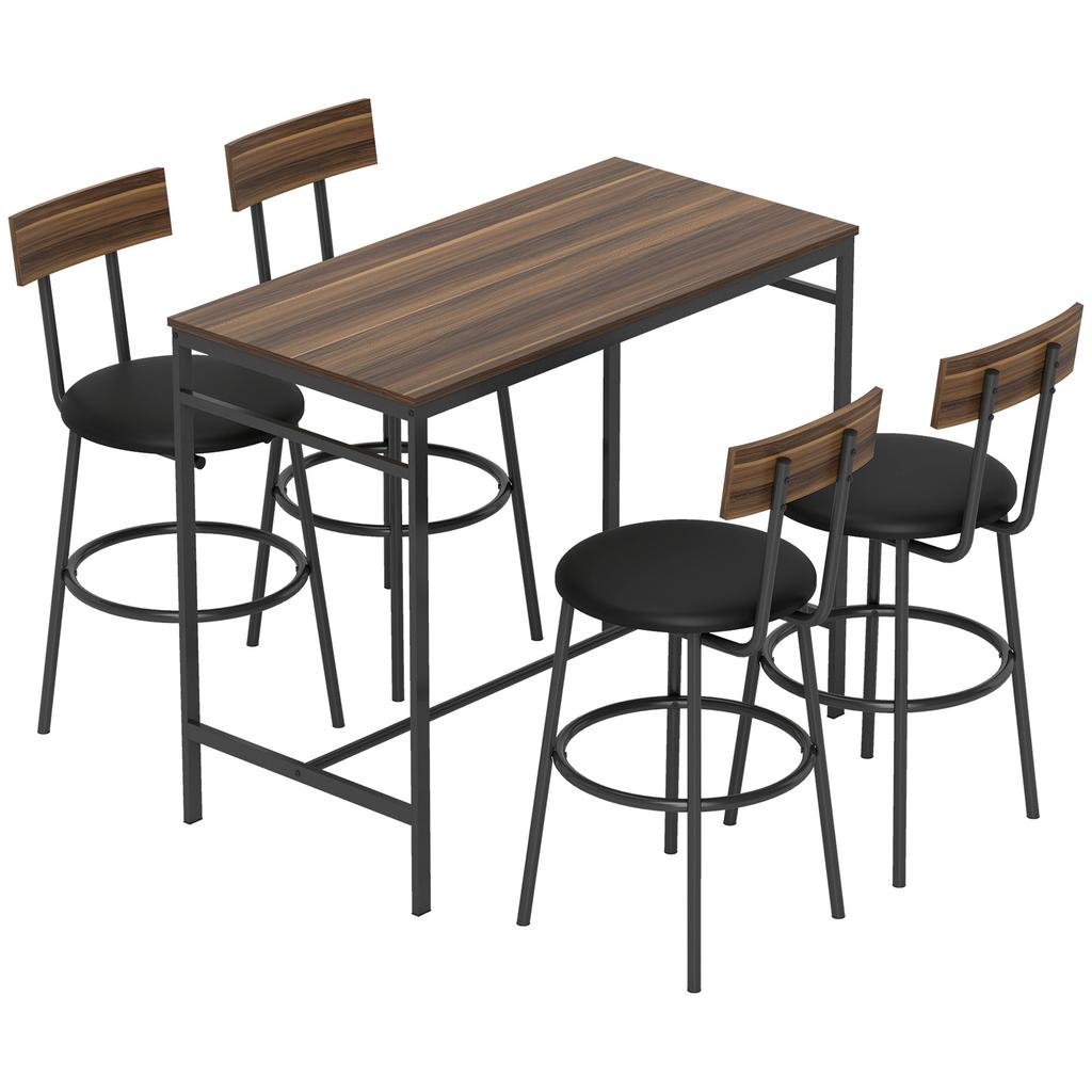 Set Tavolo Alto da Bar a 5 Pezzi con 4 Sedie, Design Industriale, per Cucina, Sala da Pranzo, Legno, Acciaio, Marrone
