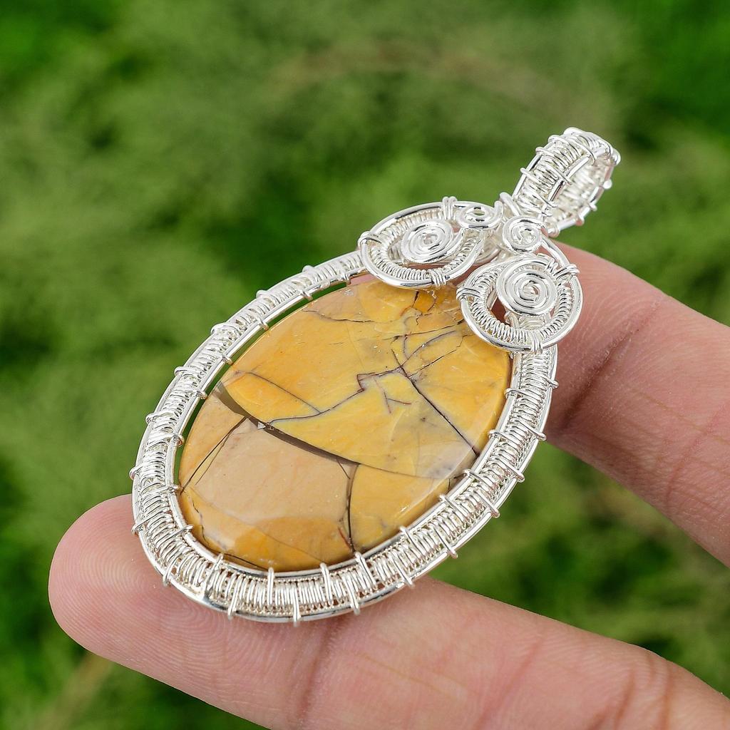 Oval Natural Brecciated Mookaite Sterling Silver Wire Wrap Wife Pendant Jewelry