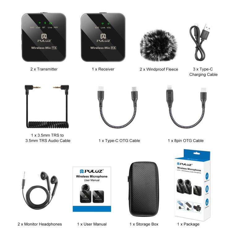 PULUZ 2 TX + 1 RX Wireless Lavalier Microphone (Black)