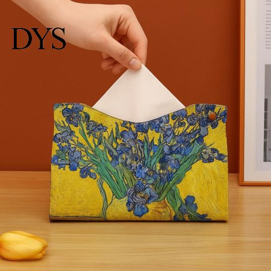 Modern Home Decor Leather Tissue Box Cover, Foldable Desktop Organizer, Oil Painting Style Napkin Holder Case, Storage Facial Paper Organizer