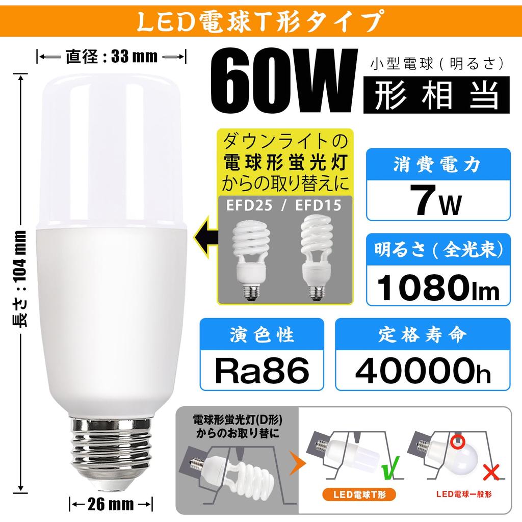 LED Light Bulb, T-type, 26mm Base, Equivalent To a 60W Incandescent Bulb (7W), 1080 Lumens, Warm White Light, Suitable for Enclosed and Insulated