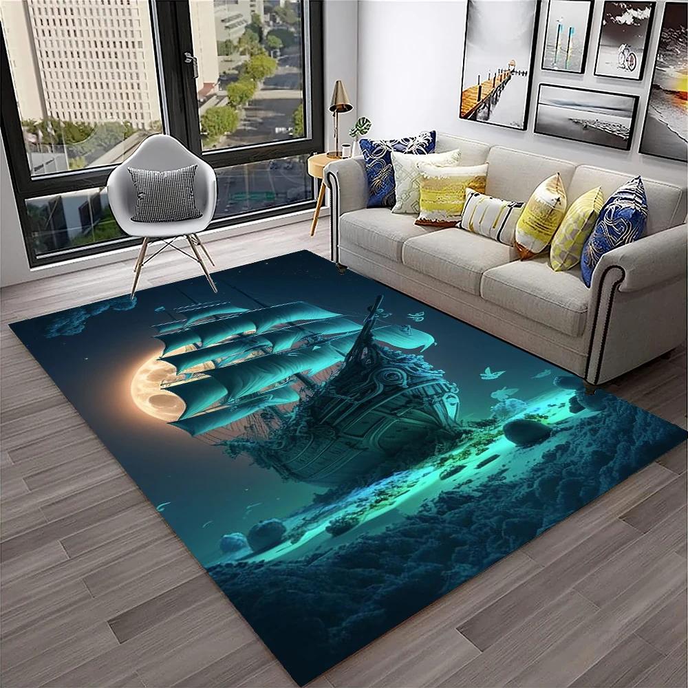 3D Piratenschiff Boot, Bark, Segelboot Teppich für Zuhause Wohnzimmer Schlafzimmer Sofa Fußmatte Dekor, Kinderbereich Teppich Rutschfeste Bodenmatte