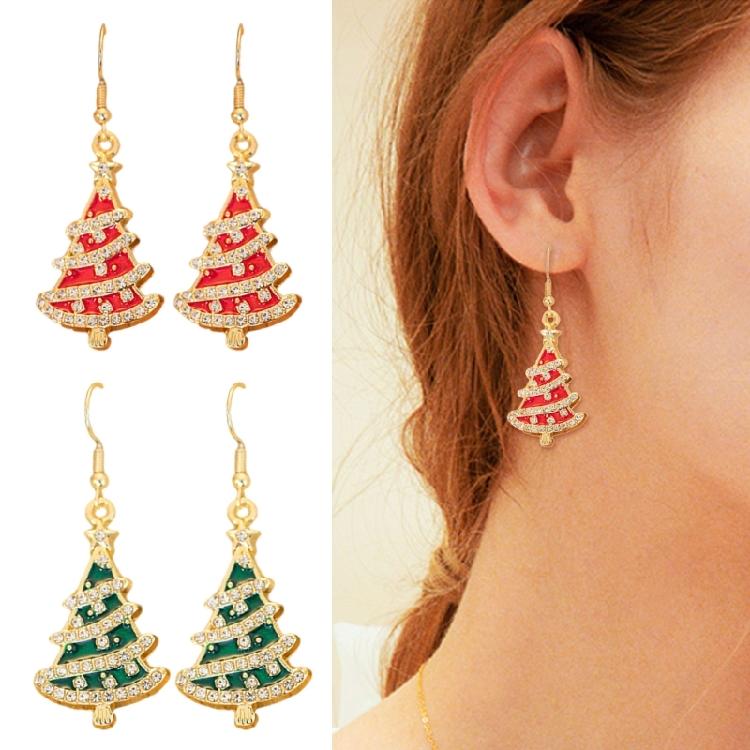 Holiday Rhinestones Christmas Earrings Lightweight Alloy Construction Ear Studs Red/Green Party Jewelry Gift