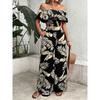Vacation Jumpsuit Summer Ladies Printed Off-Shoulder Top and Wide Legs Pants Set