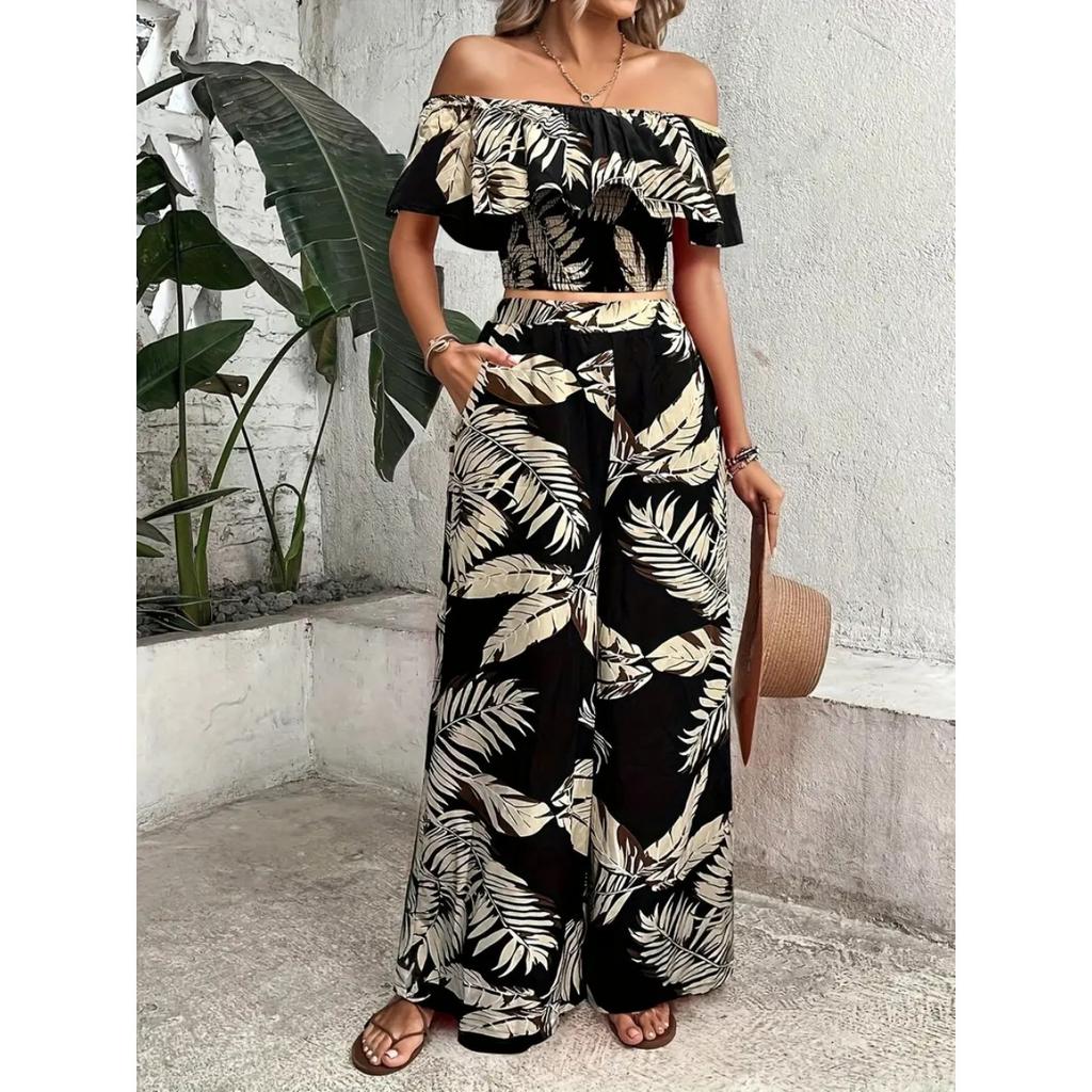 Vacation Jumpsuit Summer Ladies Printed Off-Shoulder Top and Wide Legs Pants Set