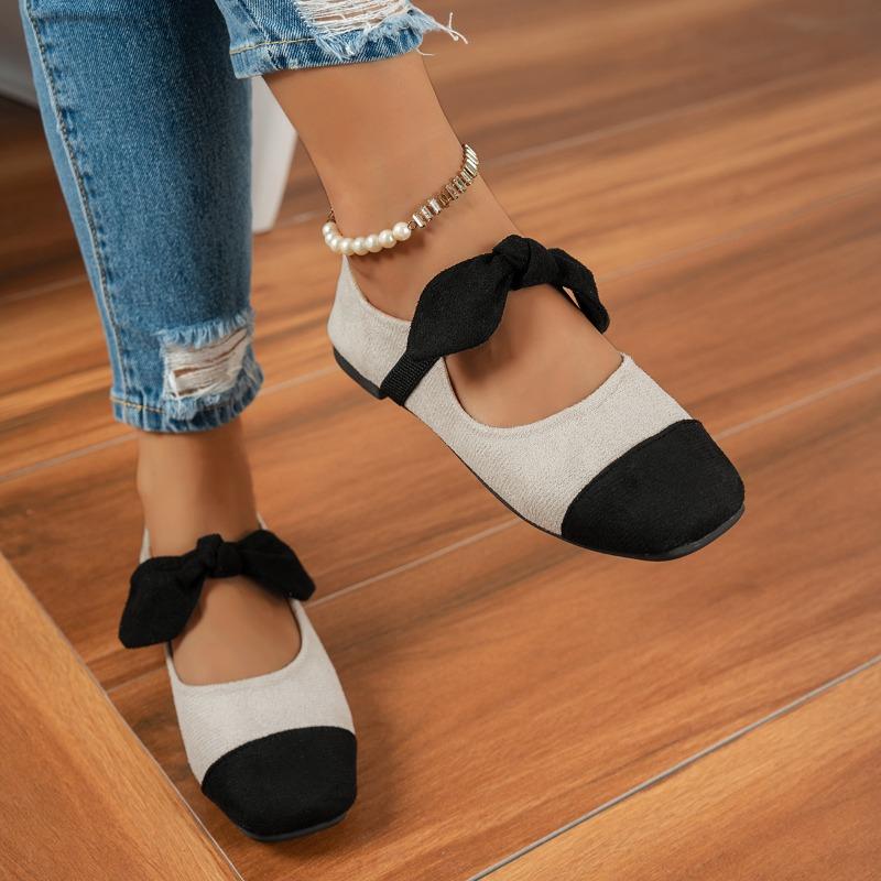 

Color Block Flat Shoes Autumn New Square Toe Shallow Mouth Bow Soft Sole Anti-slip Wear-resistant Single Shoes 42