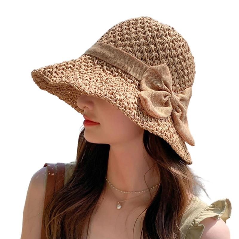 Elegant Bows Straw Hat for Women Breathable Summer Beach Hat Sun Protections Wide Brims Fisherman Cap