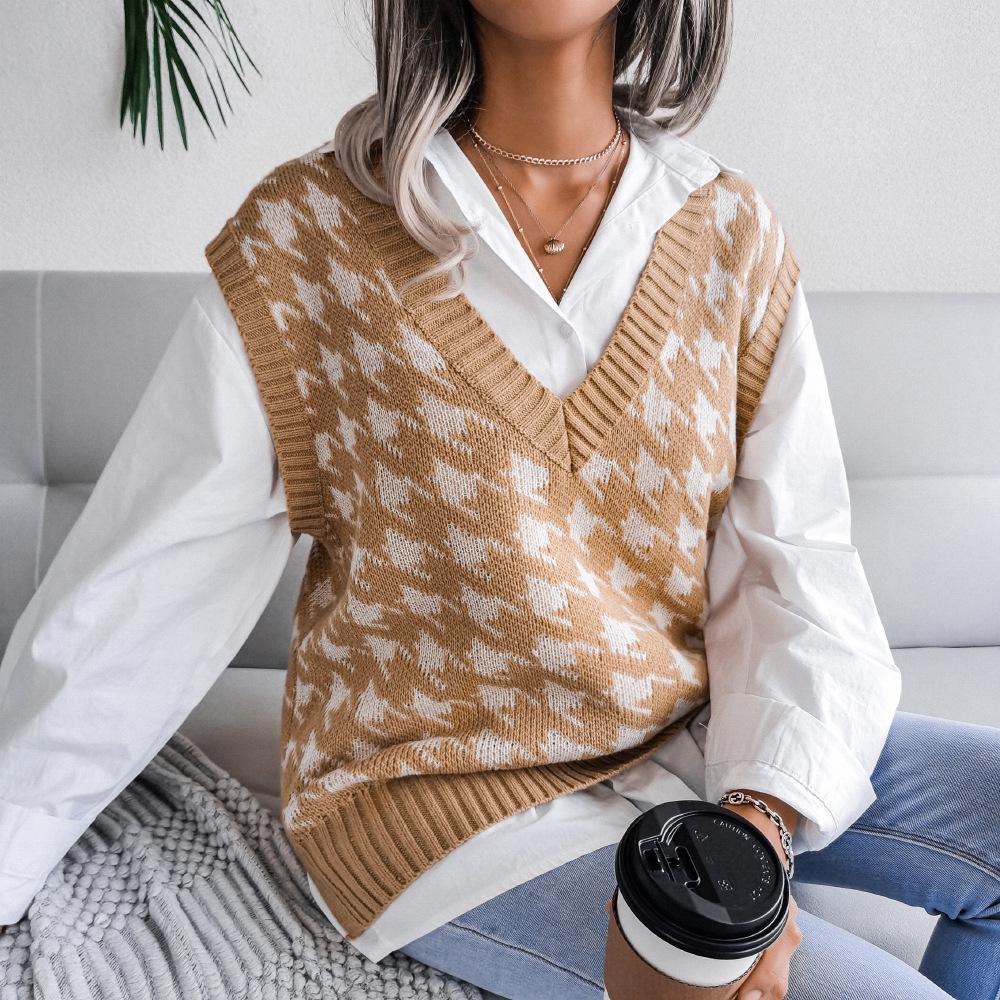 Clearance 2023 Autumn/Winter European-American V-neck Houndstooth Casual Loose Knit Vest Sweater Waistcoat.