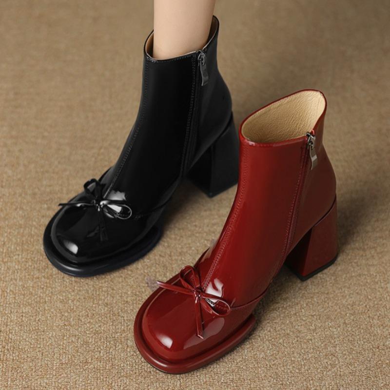 Block Heel Single Boots Fashion Round Toe Side Zipper Anti-Slip Wear-Resistant Block Heel Short Shoes