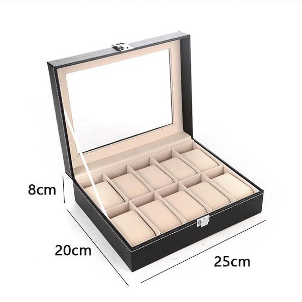 

10 Compartments Watch Organizer Box PU Leather Glass Top Display Case Type A