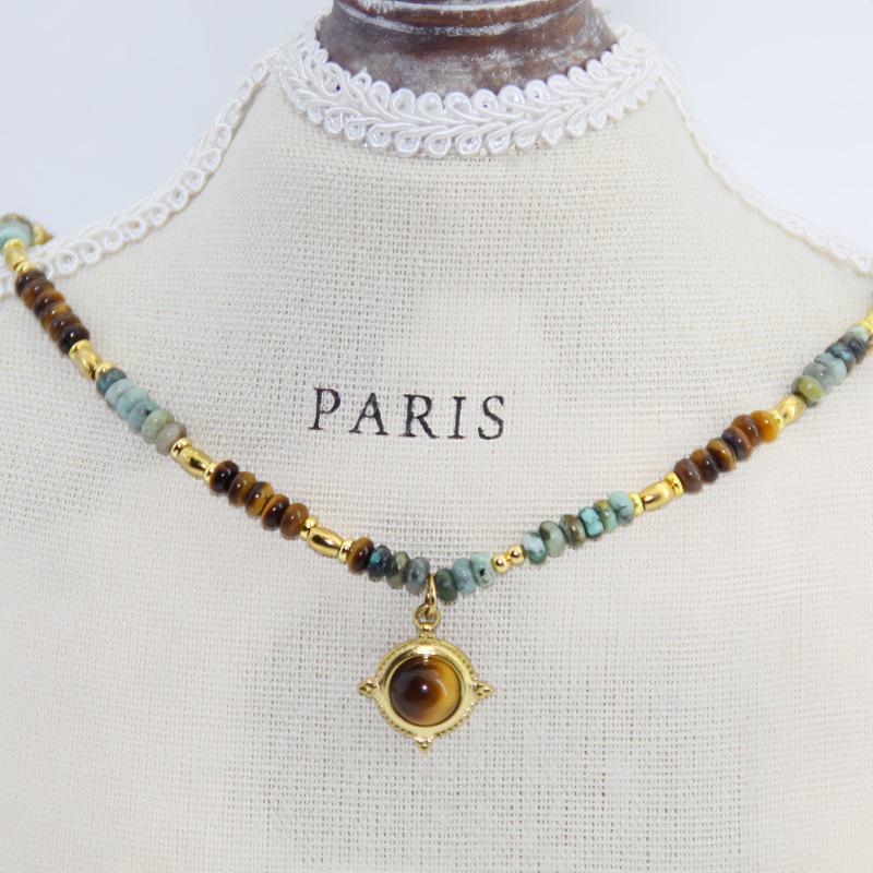 Tiger Eye & Titanium Steel Clavicle Necklace: Fashionable, Unique Design with Natural Stone Beads for Women