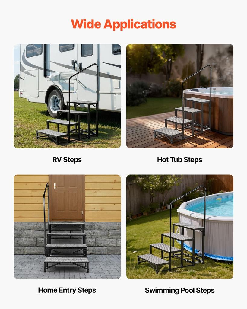 Marches pour camping-car avec main courante, 4 marches, capacité de charge de 300 kg, Marches robustes d'extérieur pour camping-car avec tapis antidérapant pour personnes âgées et animaux de compagnie, Marches portables pour chaud