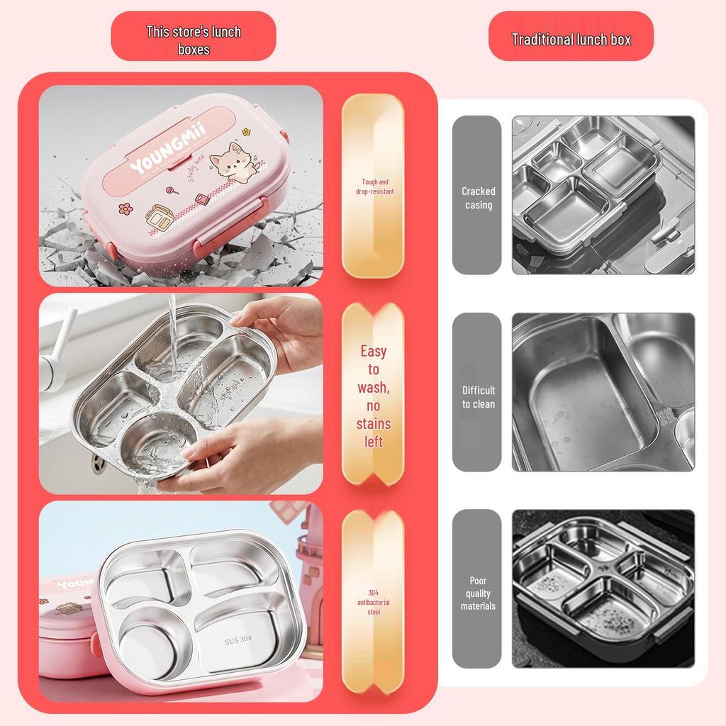 304 Stainless Steel Insulated Bento Box - Student Lunchbox with Food Compartments