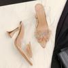 Summer Women's High-heeled Sandals, Transparent Pointed Toe, Rhinestone Bow, Sexy Wine Glass Heel, Fashionable Sandals.