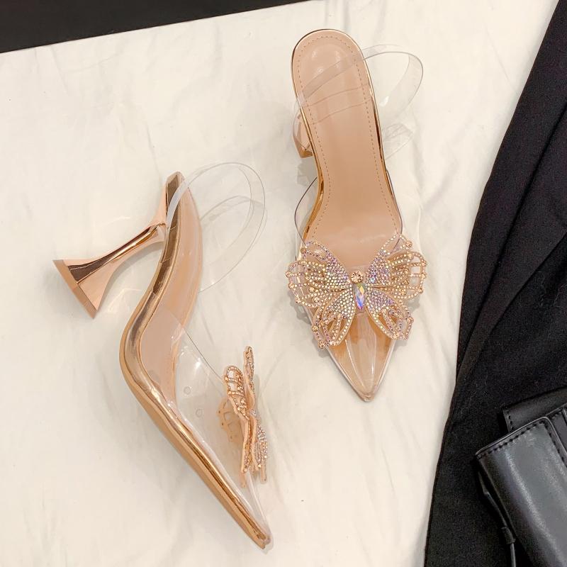 Summer Women's High-heeled Sandals, Transparent Pointed Toe, Rhinestone Bow, Sexy Wine Glass Heel, Fashionable Sandals.