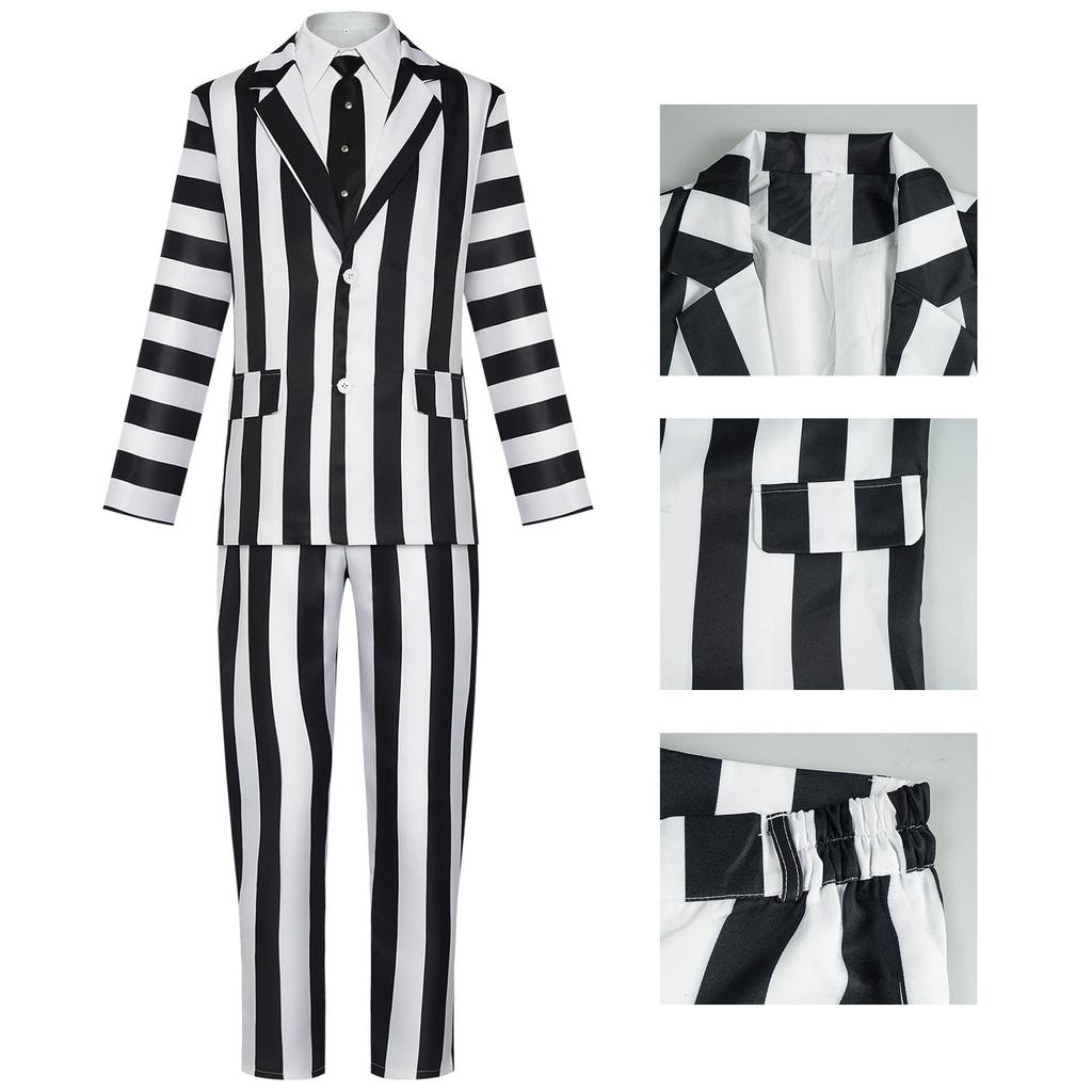 [qiqicos] Beetlejuice Striped Suit Cosplay Costume for Men, Women, Kids, Cosplay Clothes, Anime Costume, Event, Party, Disguise, Halloween, School