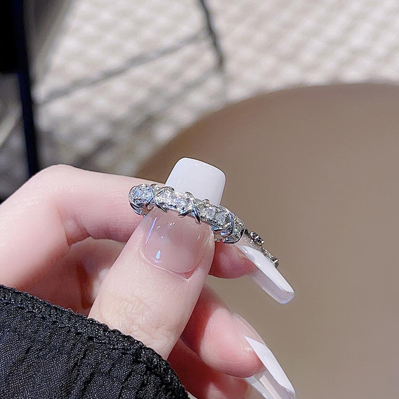 Full Diamond Zircon Ring Fashion French Cross Dark Personality Open Ring Niche High-End Accessories Women Adjustable opening