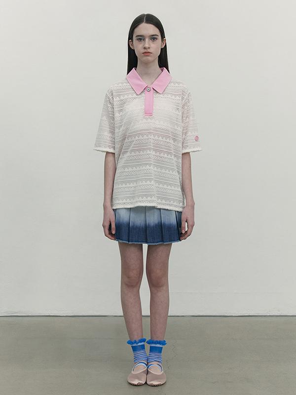 KIRSH Cut-Off Collar Point Lace Short Sleeve Knit [Ivory]