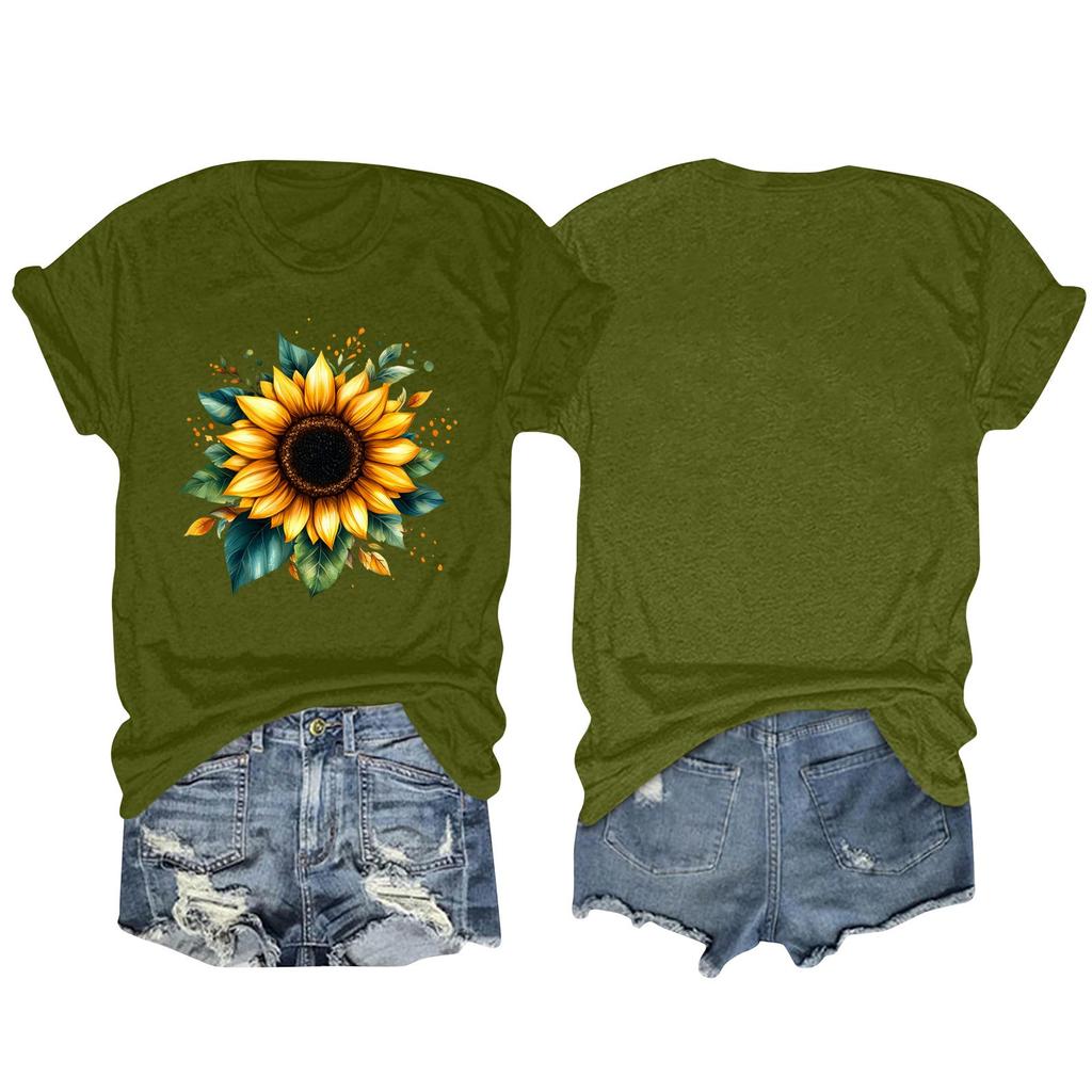 Dam Rundhalsad Casual T-shirt Topp med Blommigt Tryck och Korta Ärmar