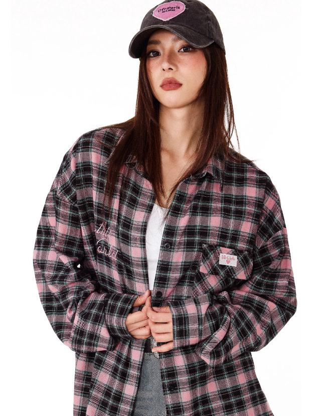 Women's Retro Pink Plaid Long-Sleeve Shirt - Trendy Autumn/Winter Design