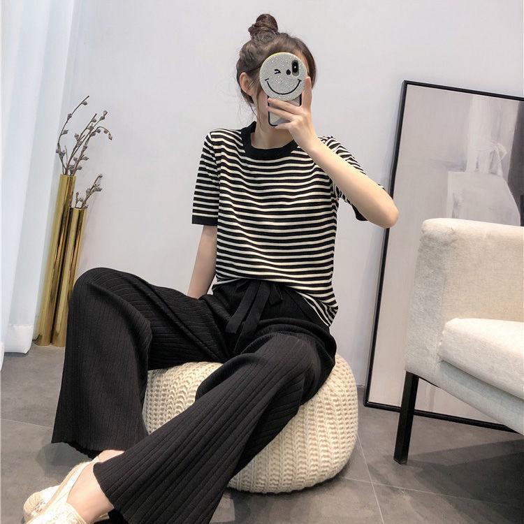 Women's Summer 2025 Korean Fashion: Plus Size Striped Wide-Leg Pants & Short Sleeve Casual Two-Piece Set
