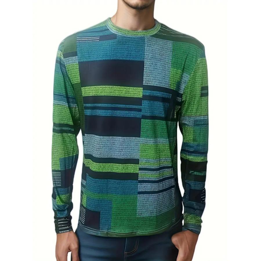 Men's Vibrant Plaid Crew Neck Long Sleeve T-Shirt - Soft, Breathable Comfortable Spring and Autumn Outdoor Activities and Sports - Perfect for Casual
