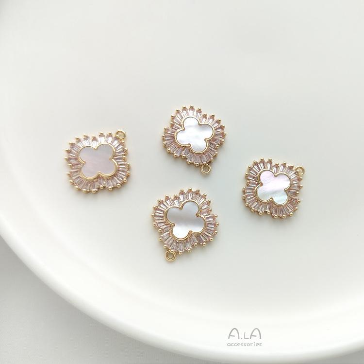 14K Gold-Filled Four-Leaf Clover Pendant with Inlaid Mother of Pearl, Zircon, and Abalone Shell - DIY Necklace/Bracelet Charm