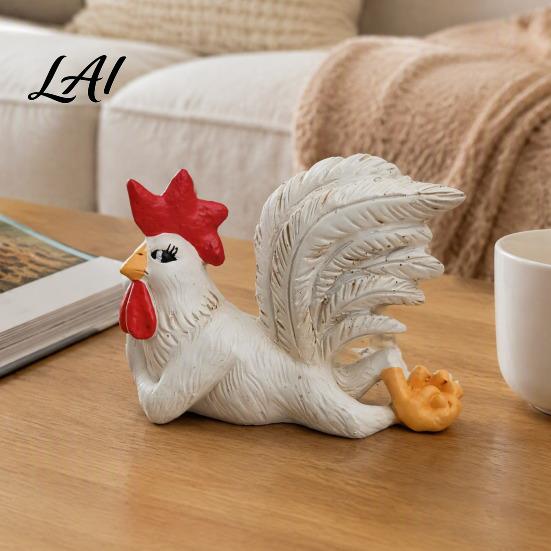 Office Desk Decor White Rooster Statue with Enchanting Posture & Long Eyelashes Creative Table Art Sculpture Funny Resin Indoor Outdoor Figurine
