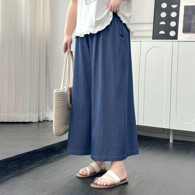 Plus size women clothing [Artistic Denim Skirted Leggings] Retro Casual Summer Chubby Girl High Waist Drape Wide Leg Cropped Pants